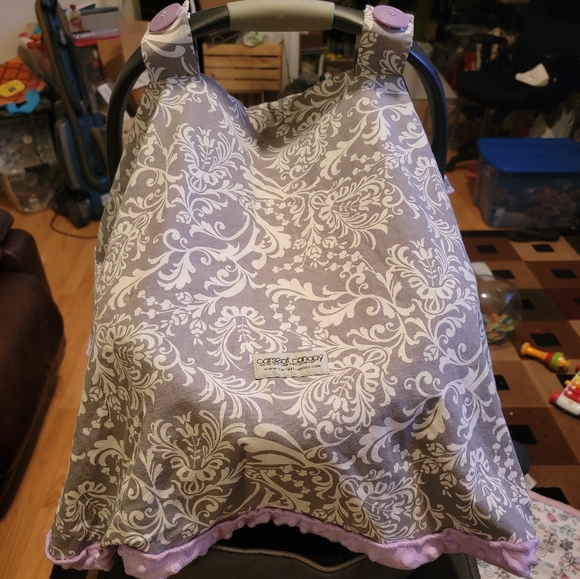 Car Seat Canopy Cover | Gray & White Paisley Printed w/ Lavender Minky Fabric - Picture 3 of 6